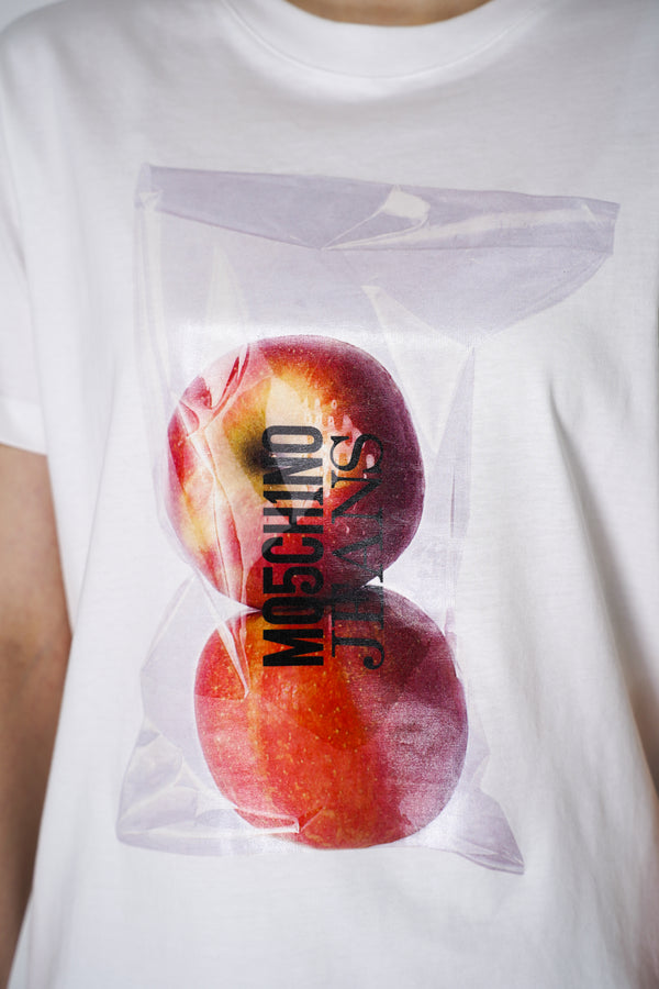 Moschino Jeans Short Sleeve Bagged Apples Graphic T-Shirt in White Vancouver. Shop Online or In Store. 