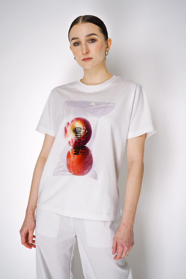 Moschino Jeans Short Sleeve Bagged Apples Graphic T-Shirt in White Vancouver. Shop Online or In Store