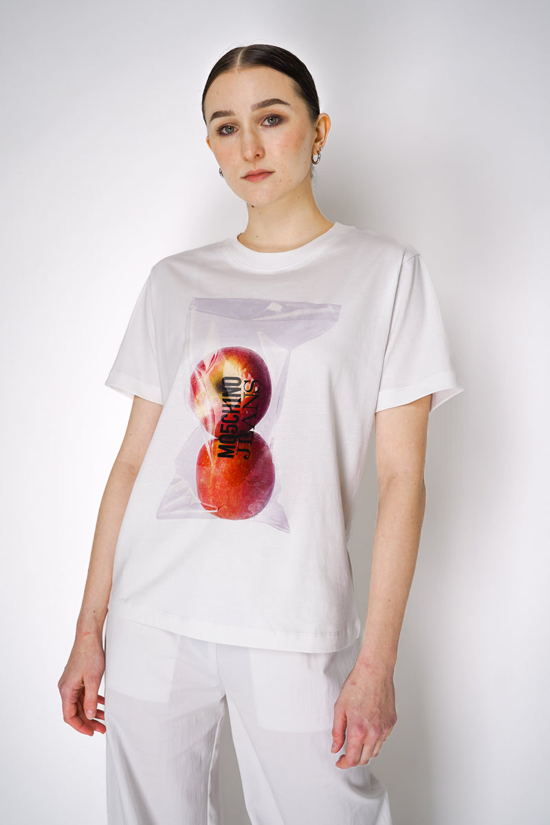 Moschino Jeans Short Sleeve Bagged Apples Graphic T-Shirt in White Vancouver. Shop Online or In Store