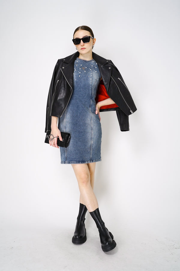 Moschino Jeans Sleeveless Denim Dress with Pearl Embellishments Vancouver. Shop Online or in Store. 
