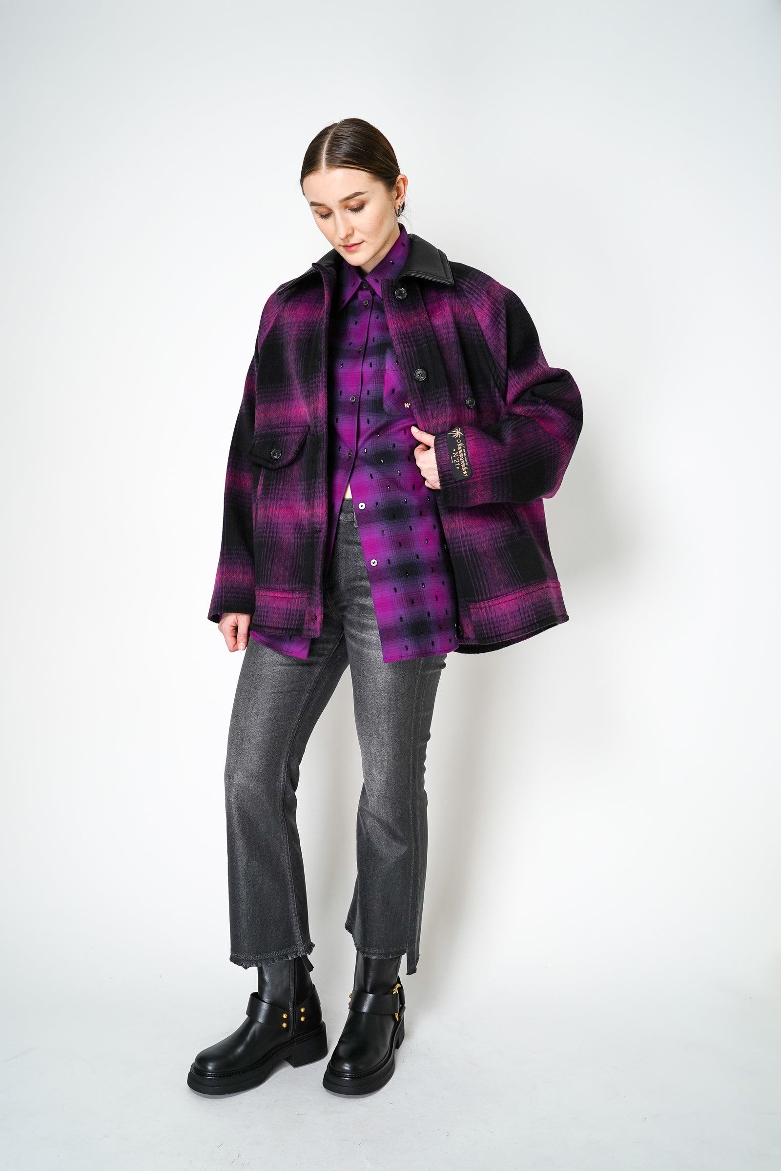 Nº21 Bead Embellished Plaid Shirt in Black Magenta – Ashia Mode