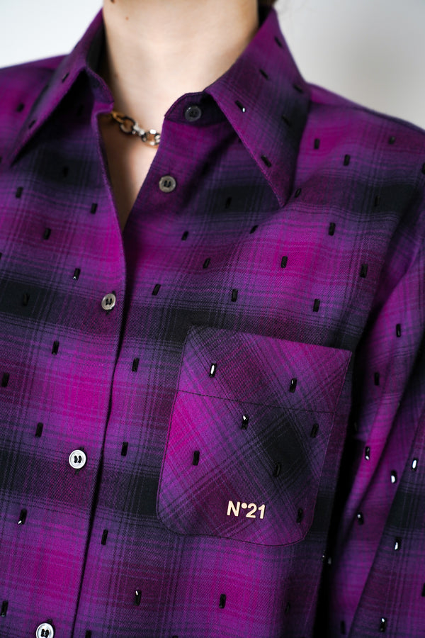 Nº21 Bead Embellished Plaid Shirt in Black Magenta Vancouver. Shop Online or in Store.