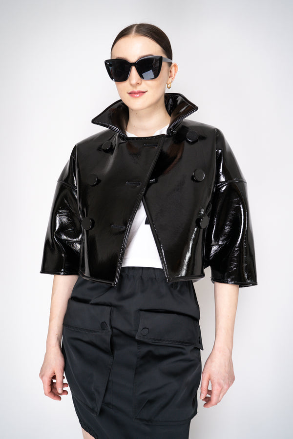 Nº21 Cropped Double Breasted Faux Patent Leather Jacket in Black Vancouver. Shop Online or in Store