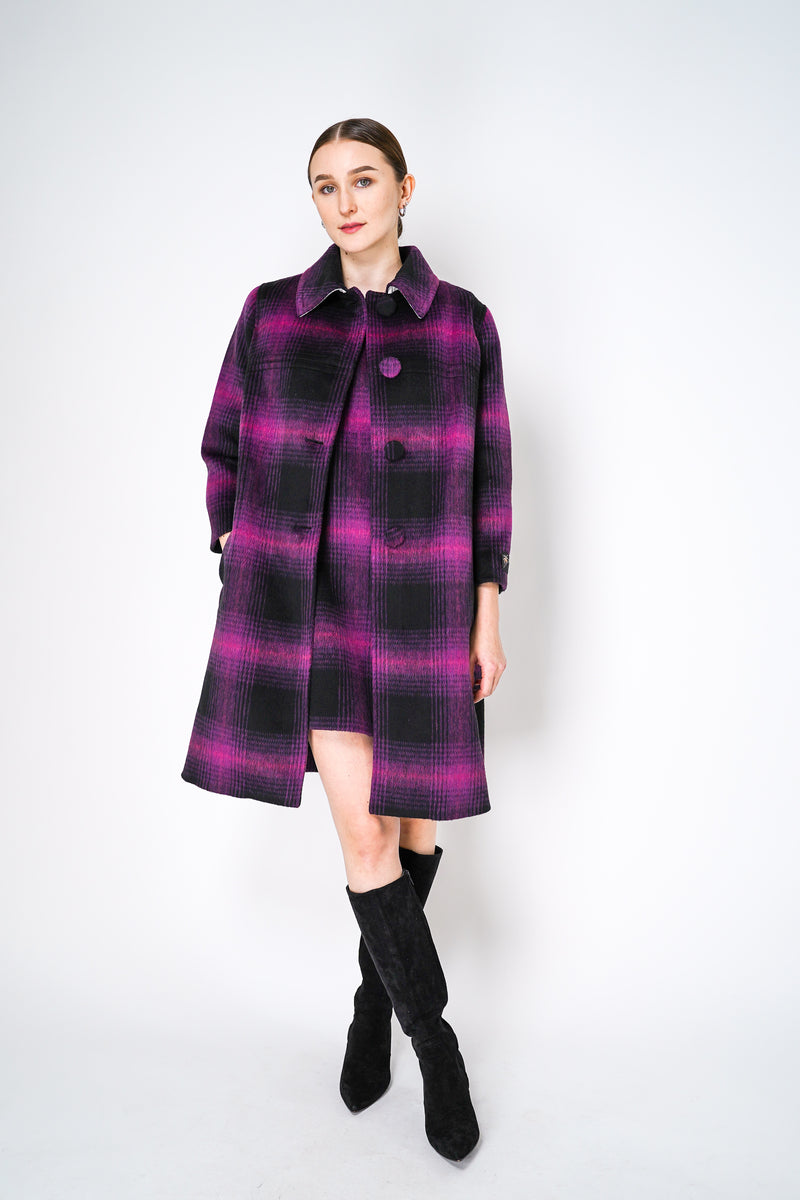 Nº21 Fuzzy Flannel Checked Coat in Black and Magenta Detachable with Faux Fur Collar Vancouver. Shop Online or in Store.