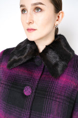 Nº21 Fuzzy Flannel Checked Coat in Black and Magenta Detachable with Faux Fur Collar Vancouver. Shop Online or in Store.