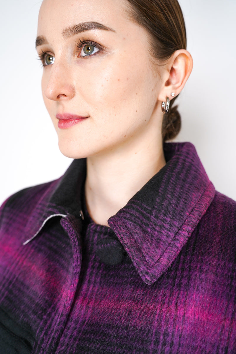 Nº21 Fuzzy Flannel Checked Coat in Black and Magenta Detachable with Faux Fur Collar Vancouver. Shop Online or in Store.