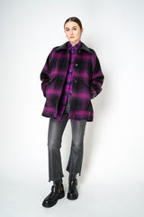 Nº21 Oversized Wool Jacket in Black Magenta Plaid Print with  Leather Collar Vancouver. Shop Online or in Store.