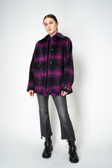 Nº21 Oversized Wool Jacket in Black Magenta Plaid Print with  Leather Collar Vancouver. Shop Online or in Store.