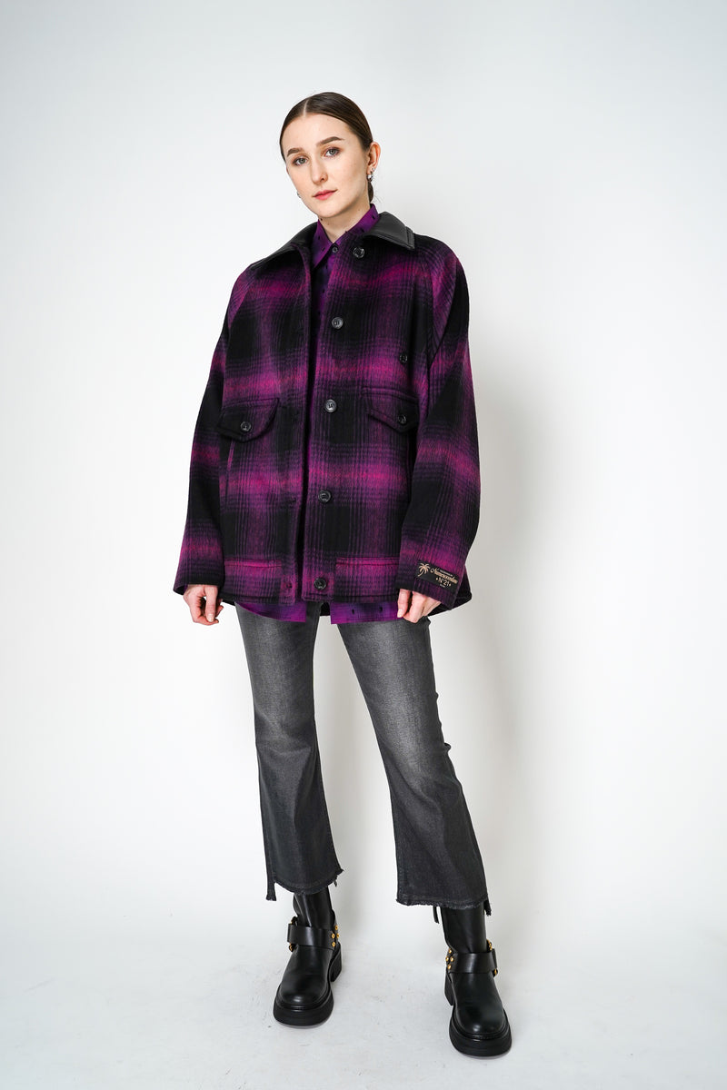 Nº21 Oversized Wool Jacket in Black Magenta Plaid Print with  Leather Collar Vancouver. Shop Online or in Store.