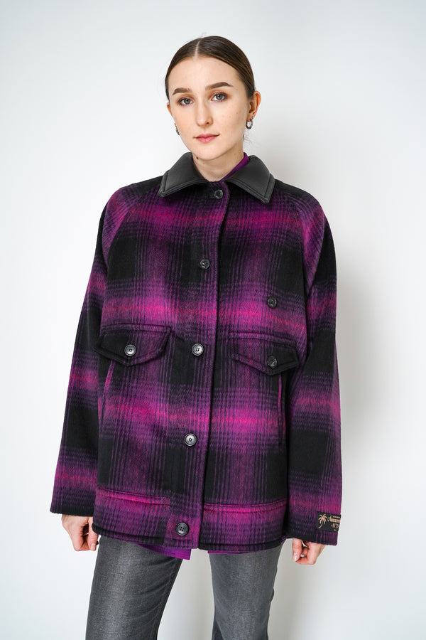 Nº21 Oversized Wool Jacket in Black Magenta Plaid Print with  Leather Collar Vancouver. Shop Online or in Store.