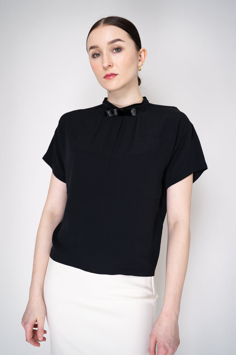Nº21 Silk Crepe Short Sleeve Blouse with Rhinestone Bowtie in Black Vancouver. Shop Online or in Store
