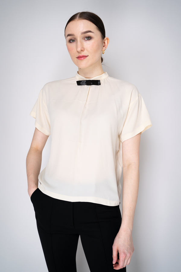 Nº21 Silk Crepe Short Sleeve Blouse with Rhinestone Bowtie in Cream Vancouver. Shop Online or in Store