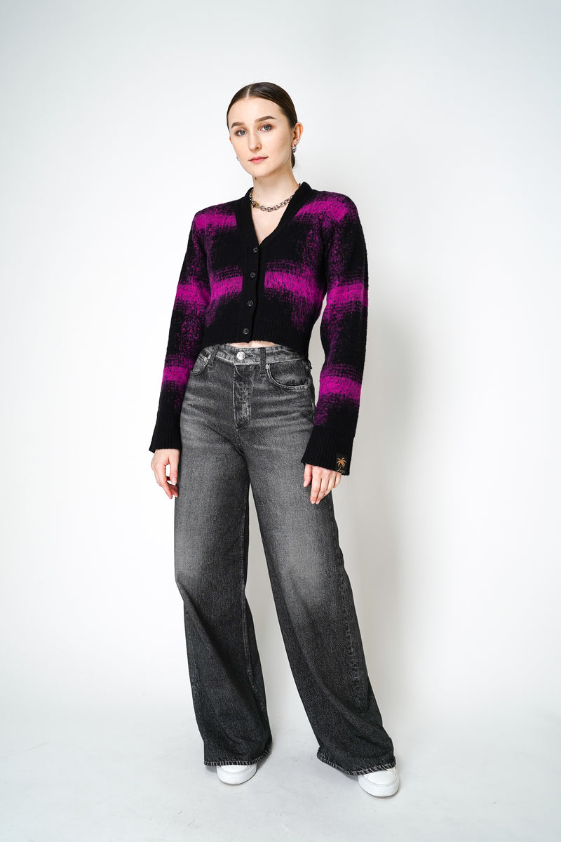 Nº21 Wool Knit Checked Cropped Cardigan in Black Magenta Vancouver. Shop Online or in Store.