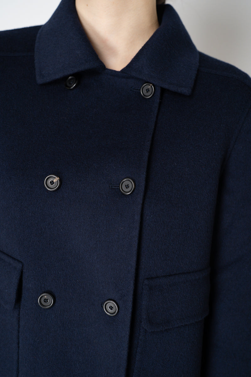 Odeeh A-line Double Breasted Wool Cashmere Jacket in Navy Vancouver. Shop Online or in Store.