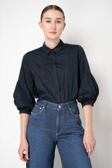 Odeeh Balloon Sleeve Button-Up Taffeta Blouse in Navy