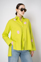 Odeeh Cotton Poplin A-line Button-Up Blouse with Contrasting Yarn Polka Dots in Acid Green Vancouver. Shop Online or in Store.