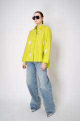 Odeeh Cotton Poplin A-line Button-Up Blouse with Contrasting Yarn Polka Dots in Acid Green Vancouver. Shop Online or in Store.
