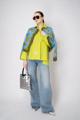 Odeeh Cotton Poplin A-line Button-Up Blouse with Contrasting Yarn Polka Dots in Acid Green Vancouver. Shop Online or in Store.