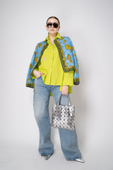 Odeeh Cotton Poplin A-line Button-Up Blouse with Contrasting Yarn Polka Dots in Acid Green Vancouver. Shop Online or in Store.