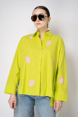 Odeeh Cotton Poplin A-line Button-Up Blouse with Contrasting Yarn Polka Dots in Acid Green Vancouver. Shop Online or in Store.