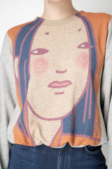Odeeh Crew Neck Cotton Sweater with Graphic Print Front in Grey and Orange