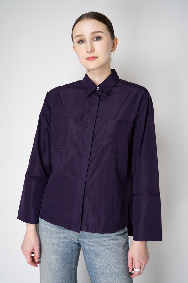 Odeeh Glossy Taffeta Button-Up Blouse in Eggplant Purple Vancouver. Shop Online or in Store.