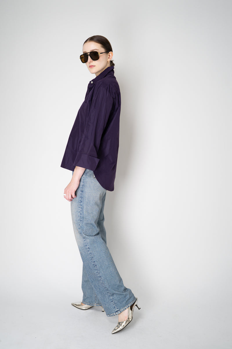 Odeeh Glossy Taffeta Button-Up Blouse in Eggplant Purple Vancouver. Shop Online or in Store.