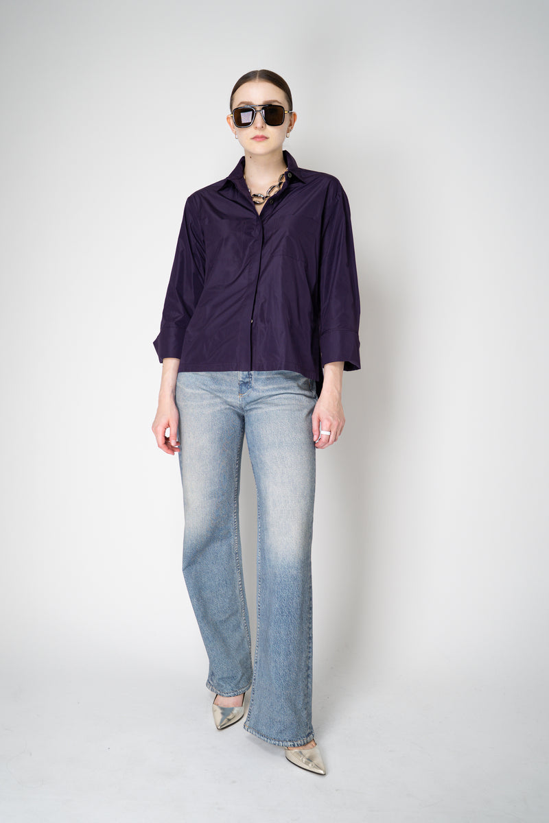 Odeeh Glossy Taffeta Button-Up Blouse in Eggplant Purple Vancouver. Shop Online or in Store.