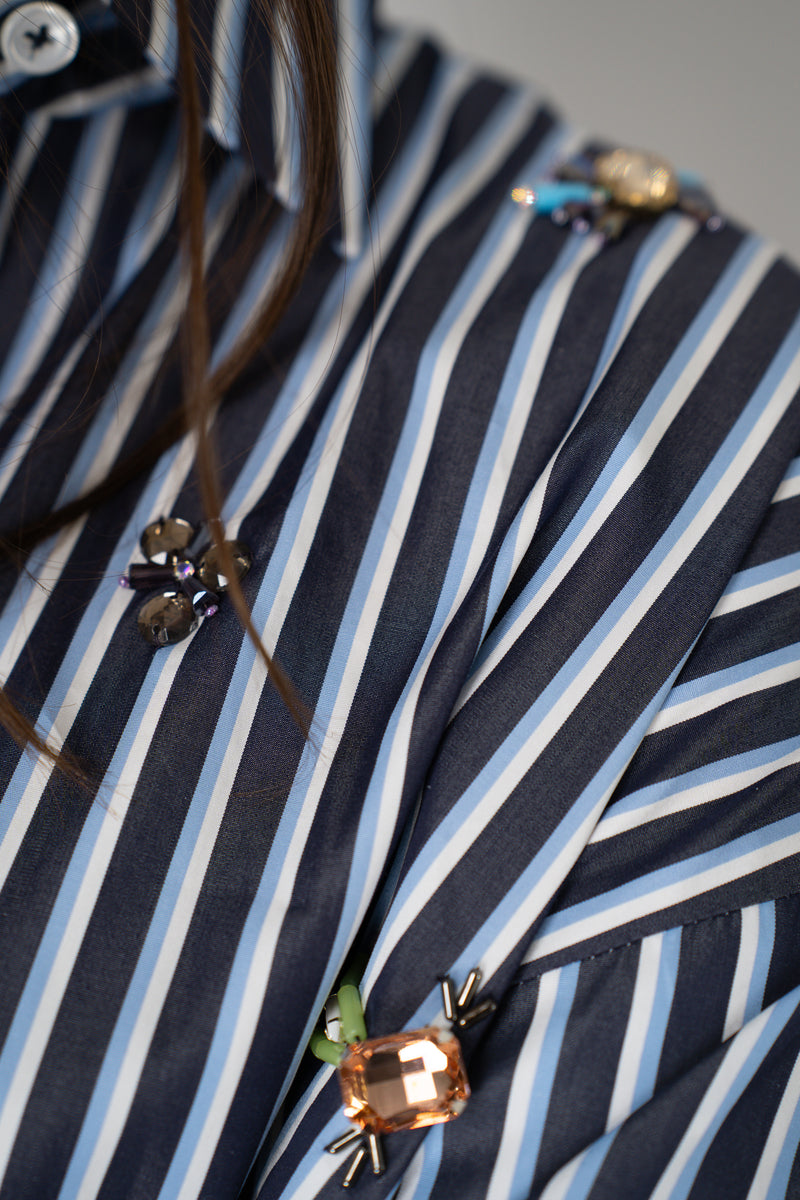 Odeeh Jewel Embellished Multi Stripe Blouse in Navy Mix Vancouver. Shop Online or in Store.