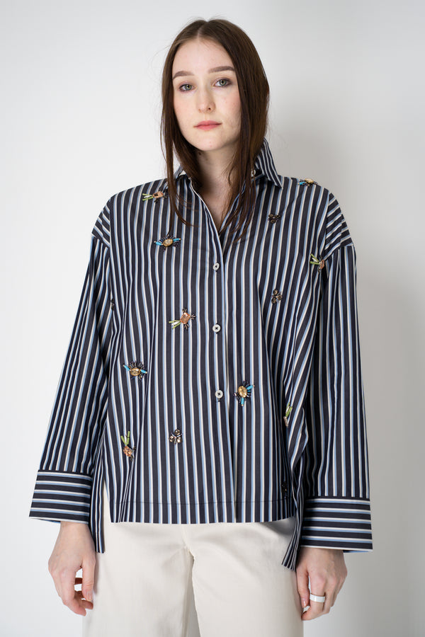 Odeeh Jewel Embellished Multi Stripe Blouse in Navy Mix Vancouver. Shop Online or in Store.