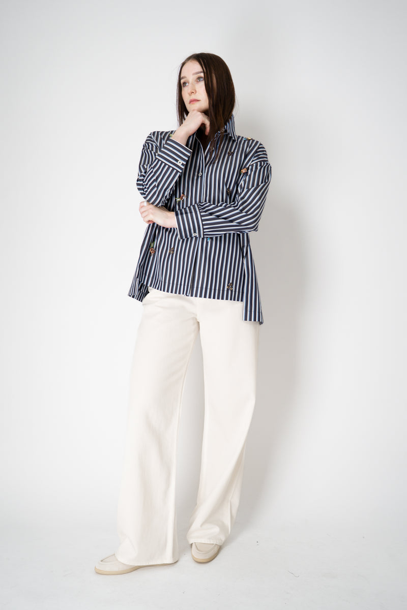 Odeeh Jewel Embellished Multi Stripe Blouse in Navy Mix Vancouver. Shop Online or in Store.