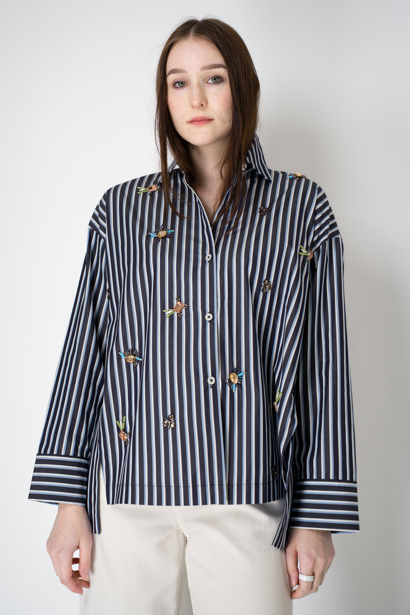 Odeeh Jewel Embellished Multi Stripe Blouse in Navy Mix Vancouver. Shop Online or in Store.