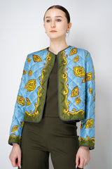 Odeeh Padded Silk Quilted Reversible Jacket in Blue and Green Abstract Floral Print Vancouver. Shop Online or in Store.