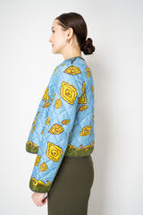 Odeeh Padded Silk Quilted Reversible Jacket in Blue and Green Abstract Floral Print Vancouver. Shop Online or in Store.