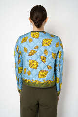 Odeeh Padded Silk Quilted Reversible Jacket in Blue and Green Abstract Floral Print Vancouver. Shop Online or in Store.