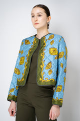 Odeeh Padded Silk Quilted Reversible Jacket in Blue and Green Abstract Floral Print Vancouver. Shop Online or in Store.