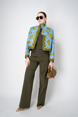 Odeeh Padded Silk Quilted Reversible Jacket in Blue and Green Abstract Floral Print Vancouver. Shop Online or in Store.