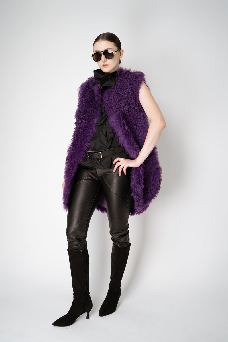 Odeeh Reversible Leather Shearling Vest in Eggplant Purple Vancouver. Shop Online or in Store.