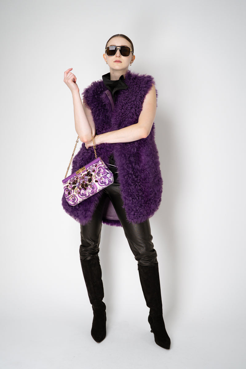 Odeeh Reversible Leather Shearling Vest in Eggplant Purple Vancouver. Shop Online or in Store.