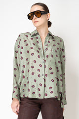 Odeeh Silk Twill A-line Blouse with Telephone Print in Sage Green