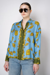 Odeeh Silk Voile Graphic Blouse in Blue and Green Abstract Floral Print Vancouver. Shop Online or in Store.