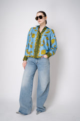 Odeeh Silk Voile Graphic Blouse in Blue and Green Abstract Floral Print Vancouver. Shop Online or in Store.