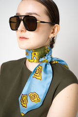 Odeeh Silk Voile Graphic Tie Scarf in Blue and Green Abstract Floral Print