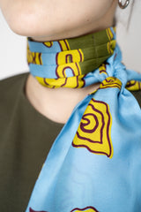 Odeeh Silk Voile Graphic Tie Scarf in Blue and Green Abstract Floral Print