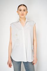 Odeeh Sleeveless Cotton Button-Up Blouse with Crochet Flower Appliqué in White Vancouver. Shop Online or in Store.