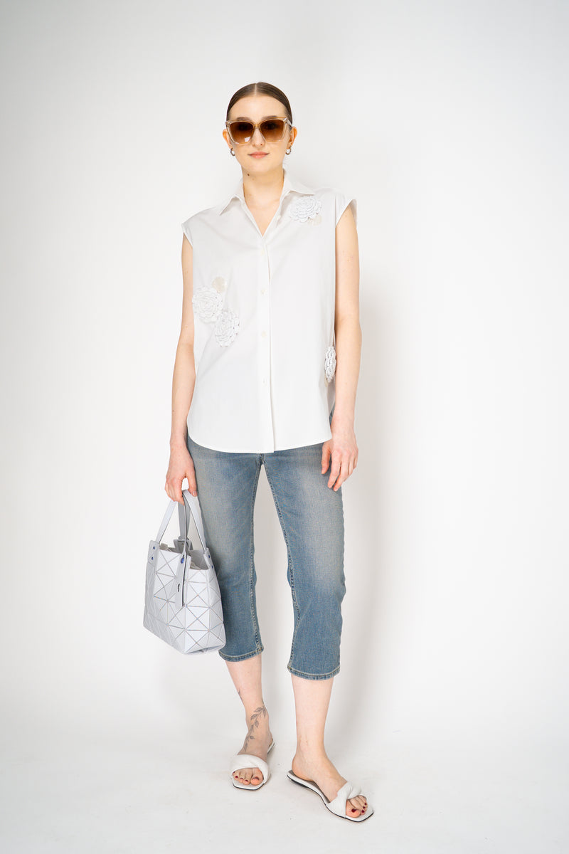 Odeeh Sleeveless Cotton Button-Up Blouse with Crochet Flower Appliqué in White Vancouver. Shop Online or in Store.