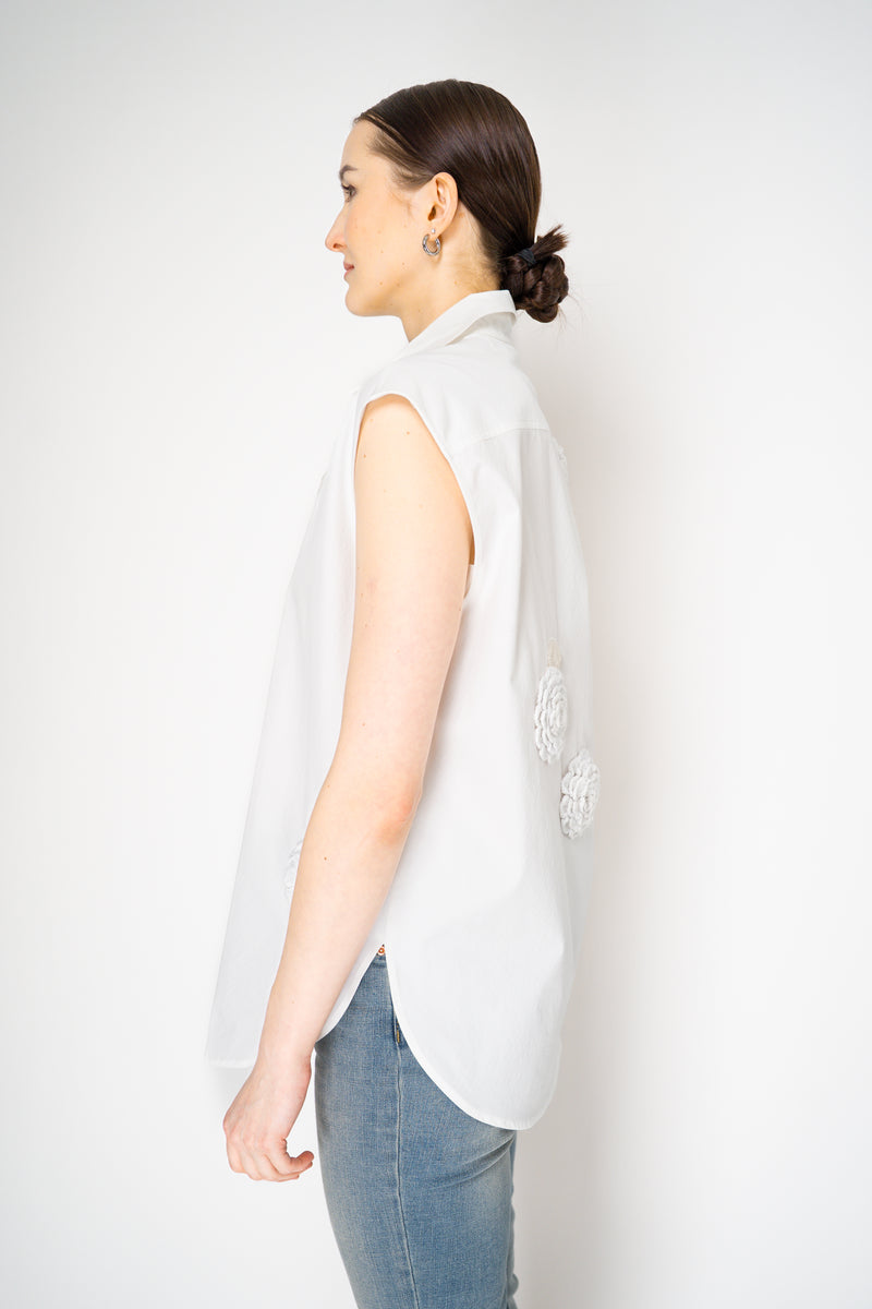 Odeeh Sleeveless Cotton Button-Up Blouse with Crochet Flower Appliqué in White Vancouver. Shop Online or in Store.