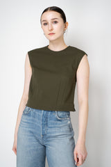Odeeh Stretch Knit Punto Milano Sleeveless Tops in Dark Khaki Vancouver. Shop Online or in Store.