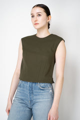 Odeeh Stretch Knit Punto Milano Sleeveless Tops in Dark Khaki Vancouver. Shop Online or in Store.