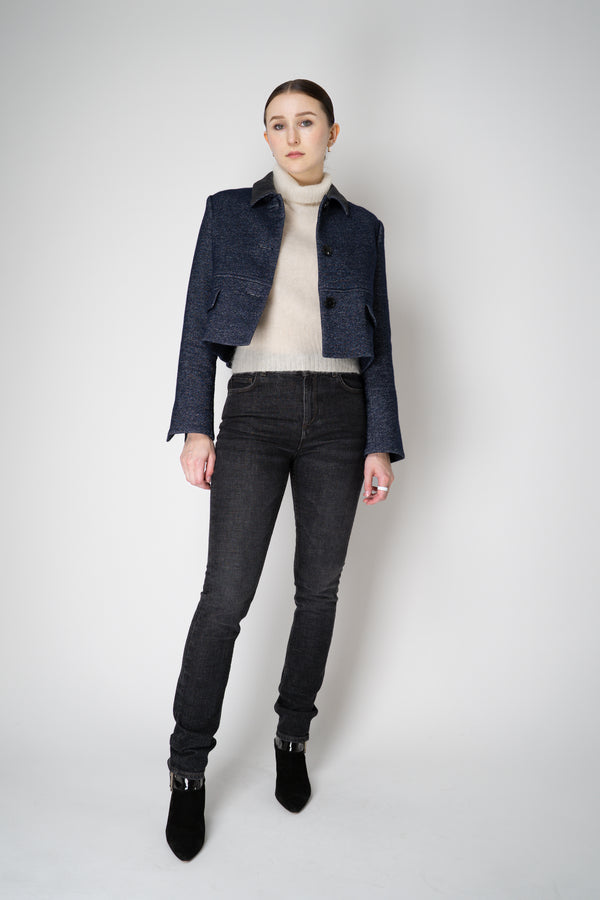 Odeeh Wool Blend Twill Cropped Jacket with Melange Effect in Navy Vancouver. Shop Online or in Store.
